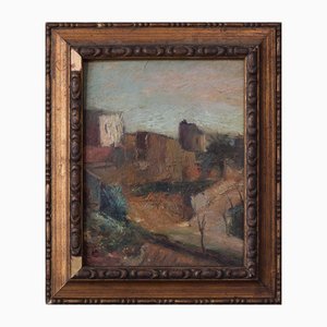 Artista posimpresionista, paisaje de aldea, óleo sobre tabla