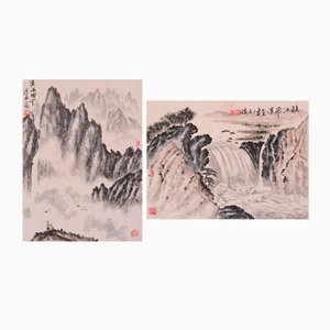 Chinesische Landschaften, Aquarelle, 2er Set
