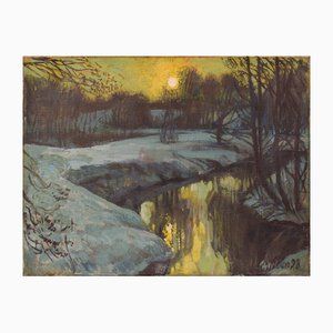 Artista post-impressionista, Sunrise Snowscape, Olio su tela