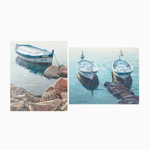 Bosch, Estudios de barcos de pesca, siglo XX, Pinturas al óleo, Enmarcado, Juego de 2