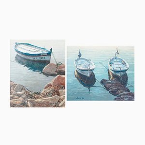 Bosch, Studies of Fishing Boats, 20th Century, Oil Paintings, Framed, Set of 2