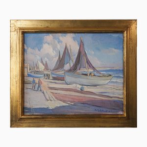 Bateaux de Pêche sur la Plage, Huile sur Toile, 1920s, Encadré