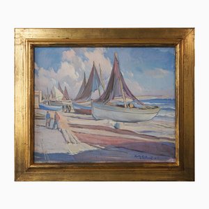 Fishing Boats on the Beach, Oil on Canvas, 1920s, Framed