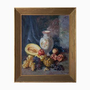 Exotische mediterrane Früchte und Vase, Öl auf Leinwand, Gerahmt