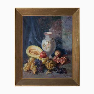 Fruits exotiques méditerranéens et vase, huile sur toile, encadré