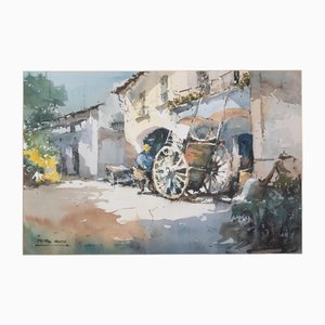Pere Ros, Impressionist Sketch of Man and His Cart, Watercolor