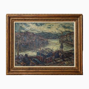 Impressionist Artist, Barges in a Port, Oil on Canvas