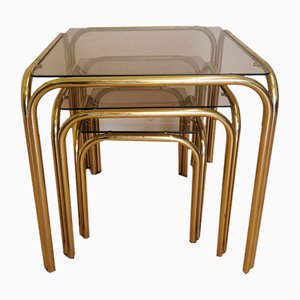 Mid-Century Gold Brass and Smoked Glass Nesting Coffee Tables, 1970s, Set of 3