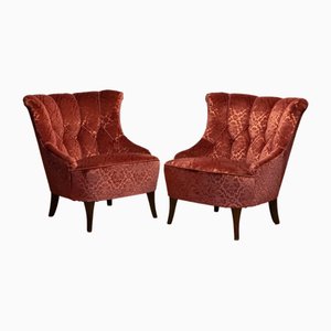 Set of 20th Century Napoleon III Armchairs in Velvet Jacquard Tone-on-Tone Brick
