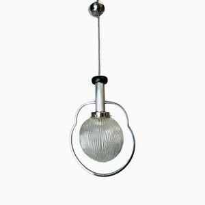 Large Mid-Century Modern Chrome and Textured Glass Globe Hanging Lamp, 1960s