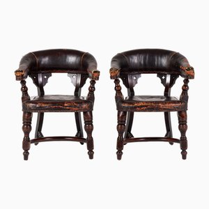 Late 19th Century English Mahogany and Rexine Armchairs, Set of 2