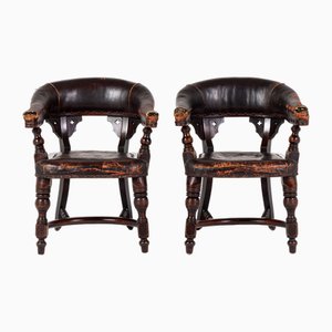 Set of Late 19th Century English Mahogany and Rexine Armchairs