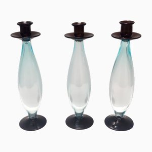Vintage Italian Candleholders in Aquamarine and Brown Murano Glass, 1980s, Set of 3