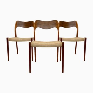 Model 71 Dining Chairs in Walnut and Paper Cord by Niels Otto Møller for J.L. Møllers, 1950s, Set of 3