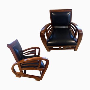 French Art Deco Armchairs in Wood and Skai, Set of 2