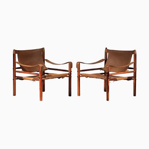 Safari Armchairs in Patinated Leather and Wood attributed to Arne Norell, 1960s, Set of 2