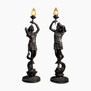 Grandes Lampes Sculpturales Homme et Femme en Bronze, 1920s, Set de 2