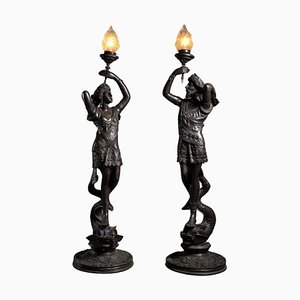 Lampade grandi scultoree maschili e femminili in bronzo, anni '20, set di 2