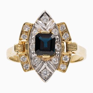 Vintage 14k Two-Tone Gold Ring with Central Sapphire and Diamonds, 1980s