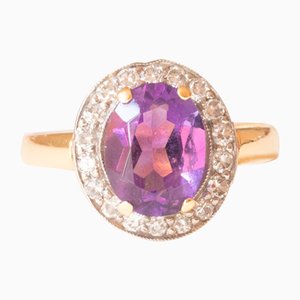 Vintage 18k Yellow and White Gold Daisy Ring with Amethyst and Diamonds, 1970s