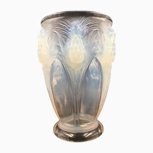 Large Art Deco Opalescent Glass Vase with Thistle Motif from Verlys, France, 1930s