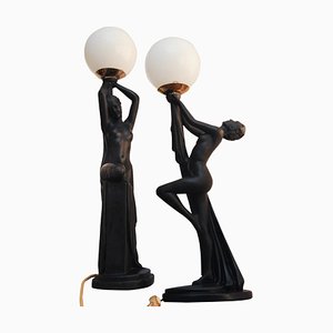 Lampes de Bureau Art Déco en Plâtre Noirci, Forme Féminine, 1930s, Set de 2