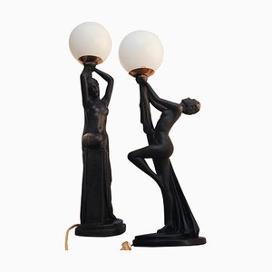 Nude Feminine Form Tischlampen aus ebonisiertem Art Deco Gips, 1930er, 2er Set