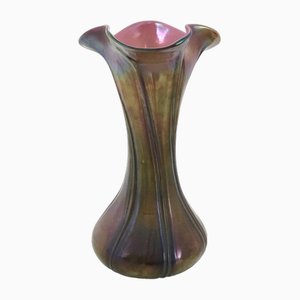 Vase Art Déco Vintage en Verre Soufflé Irisé Rouge et Vert dans le style de Loetz, 1890s