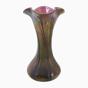Vintage Art Deco Red and Green Iridescent Blown Glass Vase in the style of Loetz, 1890s