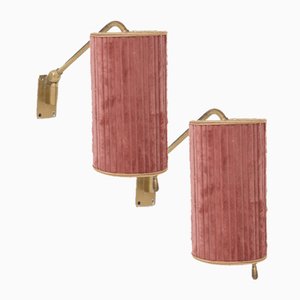 Vintage Italian Brass and Pink Velvet Wall Lamps, 1950s, Set of 2