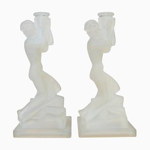 Art Deco Opalescent Glass Nude Female Candleholders by René Lalique, 1920s, Set of 2