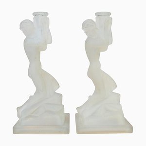 Candelabros femeninos Art Déco de vidrio opalescente de René Lalique, años 20. Juego de 2