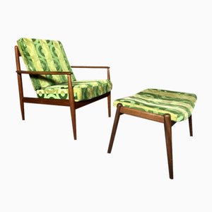 Teak Easy Chair & Pouf by Grete Jalk for France & Søn / France & Daverkosen, Denmark, 1950s, Set of 2
