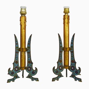 Lámparas de mesa italianas de bronce y madera esmaltada, años 50. Juego de 2