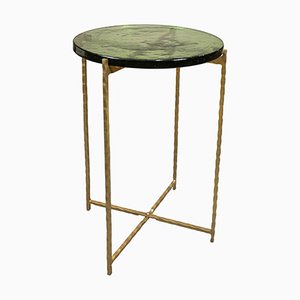 Golden-Hammered Metal Table with Green Glass Top by Now’s Home