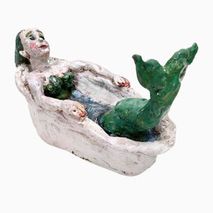 Postmodern Lacquered Earthware Mermaid in Bathtub, Italy, 1980s