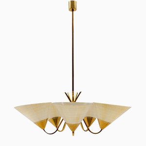 Mid-Century 5-Light Glass & Brass Ceiling Lamp, 1950s