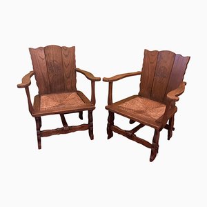 Brutalist Wabi Sabi Oak Rush Lounge Chairs, Set of 2