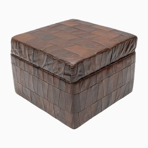 Choco Brown Leather Patchwork Pouf with Storage Space, Switzerland, 1960s