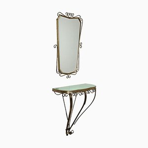 Vintage Console with Mirror in Brass & Glass, Italy, 1950s