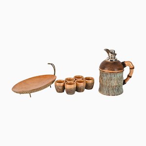 Bar Set in Carved Wood and Brass by Aldo Tura for Macabo, Italy, 1950s, Set of 8