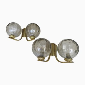 Brass & Glass Double Wall Lights, 1970s, Set of 2