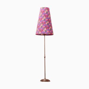Vintage Chrome Floor Lamp with Handmade Purple Floral Decorated Shade, Italy
