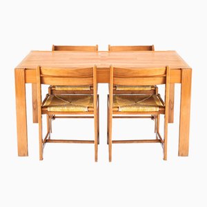 Assemblage de Table Extensible et Chaises de Design Rationaliste en Bois d'Orme, France, 1970s, Set de 5