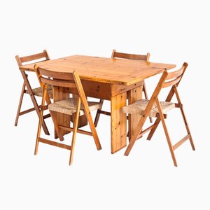Vintage Rationalist Table Set and Folding Chairs in Pine Wood, Beech and Enea, France, 1970s, Set of 5