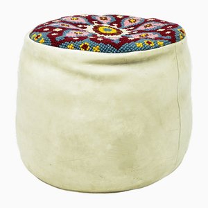 Embroidered Seat Pouf in White Leather, 1960s