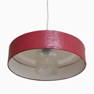 Lampada da soffitto vintage in plastica a coste traslucide e vetro con pannello in plastica rossa, anni '70