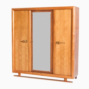 Vintage Wardrobe with Mirror in Cherry, Oak Wood & Brass Shooters, France, 1950s