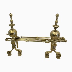 Large George III Brass Fire Dogs, 1860, Set of 5