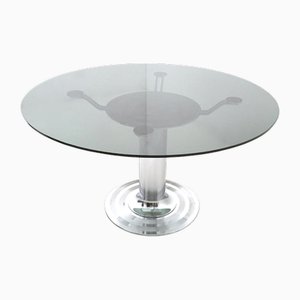 Table de Salle à Manger Postmoderne en Métal Chromé avec Plateau Rond en Verre Trempé, Italie, 1970s